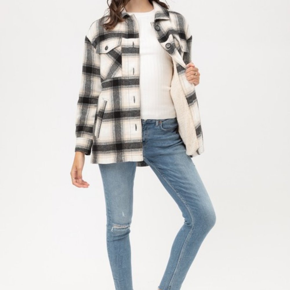Woven Plaid Long Line Jacket